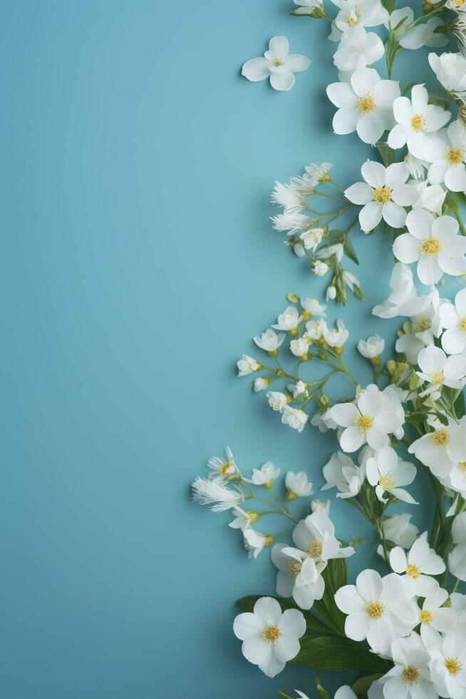 skön vår gräns, blomning reste sig buske på en blå bakgrund. blommande reste sig höfter mot de blå himmel. mjuk selektiv fokus , generera ai foto