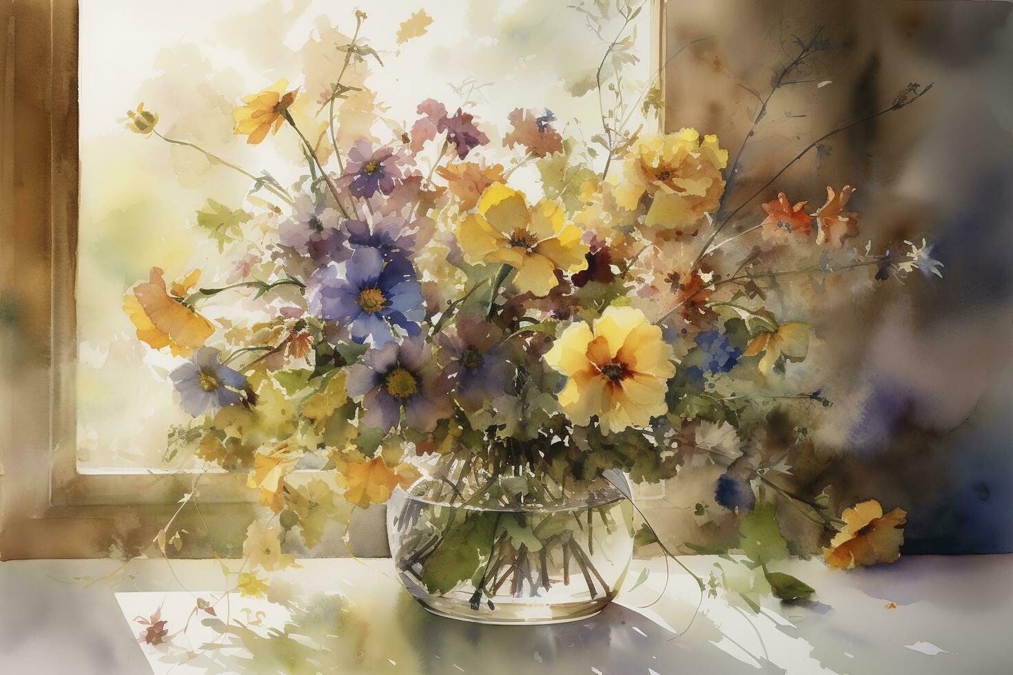 använda sig av vattenfärg till skapa en blommig fortfarande liv, arrangera annorlunda blommor i en vas eller på en tabell och fångande deras skönhet i en detaljerad och realistisk målning, generera ai foto