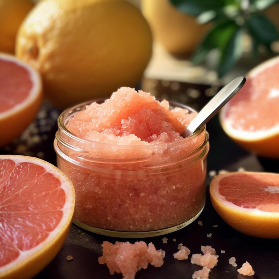 Foto av exfolierande grapefrukt kropp skrubba ai genererad