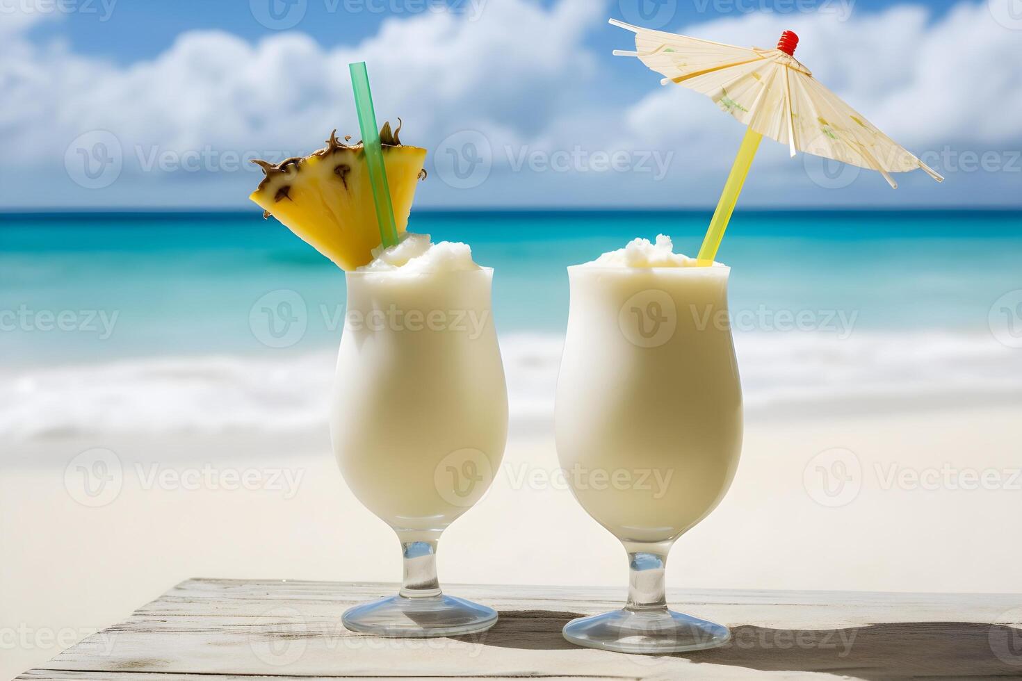 två sommar kokos mjölk cocktails med en skiva av ananas på de tabell på en solig strand. pina colada. ai genererad. foto
