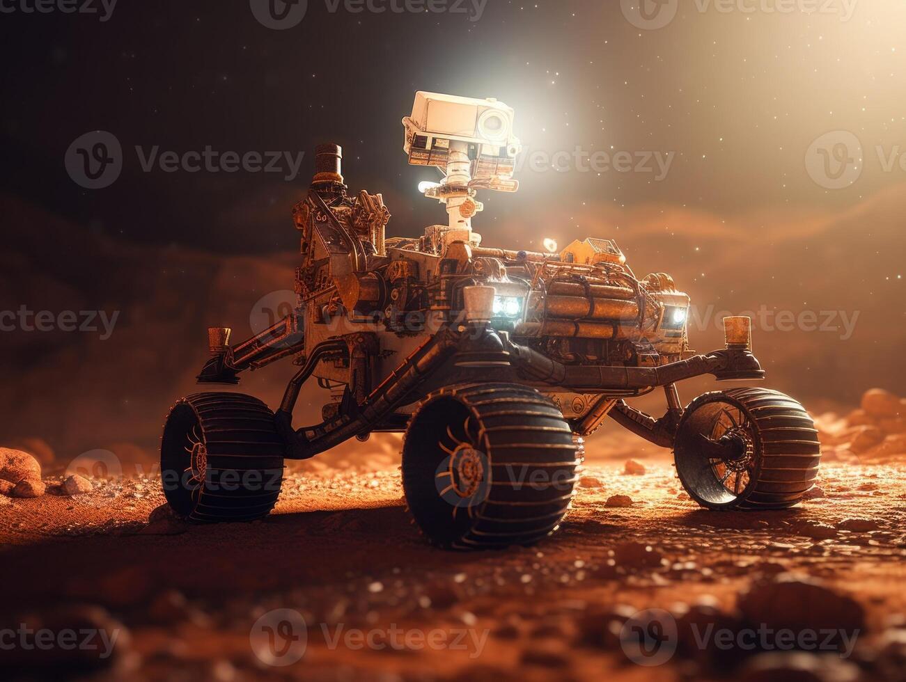 rover på fördärvar yta. utforskning av röd planet. skapas med generativ ai teknologi. foto