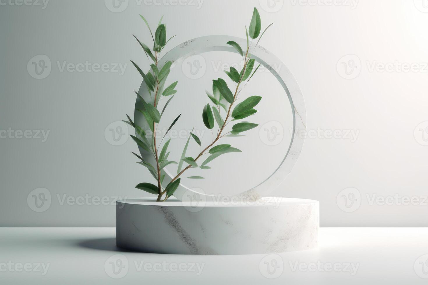 vit podium visa för produkt reklam. kosmetisk produkt stå med grön leafes dekoration. abstrakt minimal annonsera. vit bakgrund generativ ai illustration foto