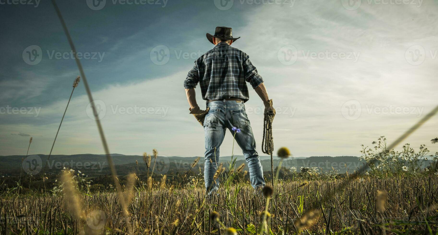 amerikan cowboy övervaka hans landsbygden jordbruksmark foto