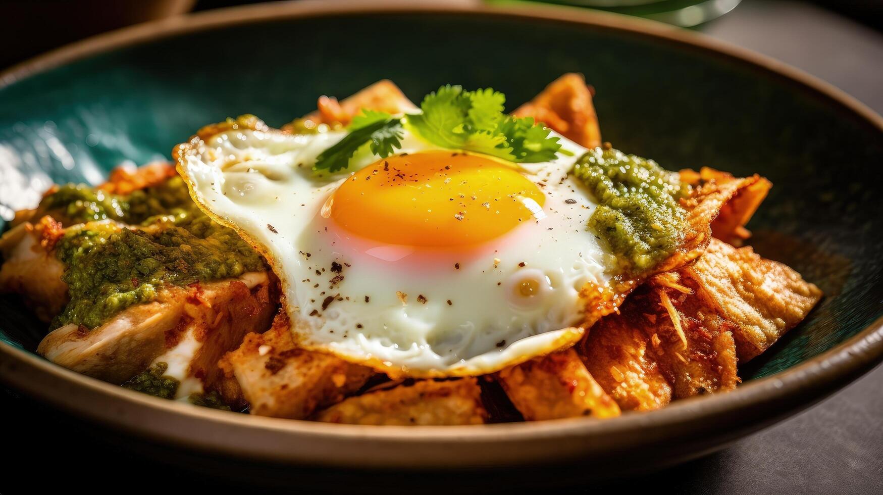 mexikansk chilaquiles med friterad ägg, kyckling och kryddad grön sås illustration ai generativ foto