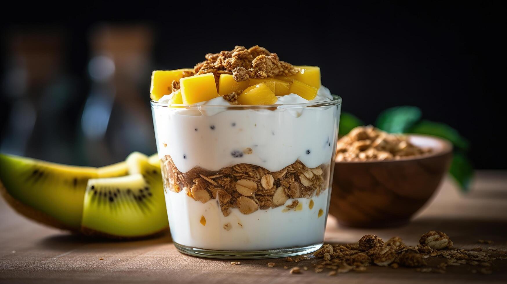 mango yoghurt med granola och kiwi i trä- skål illustration ai generativ foto