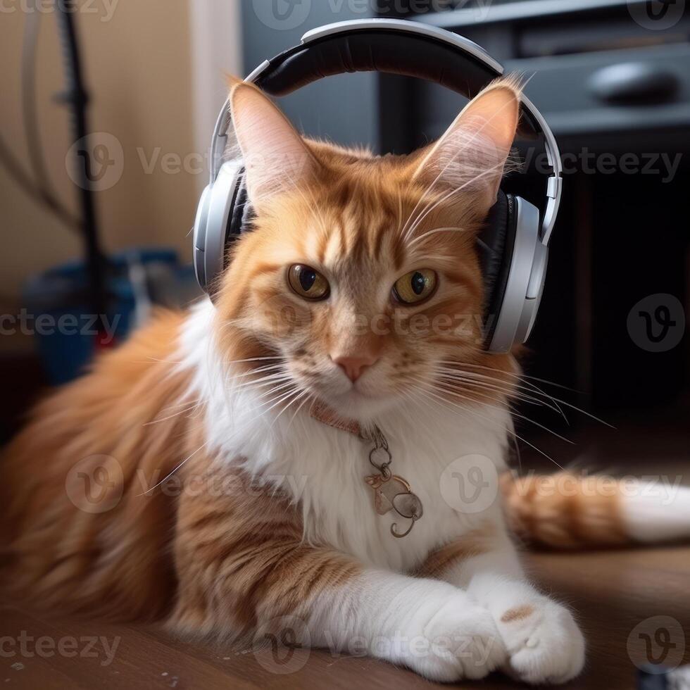 katt i stor hörlurar åtnjuter musik. skapas med generativ ai teknologi foto