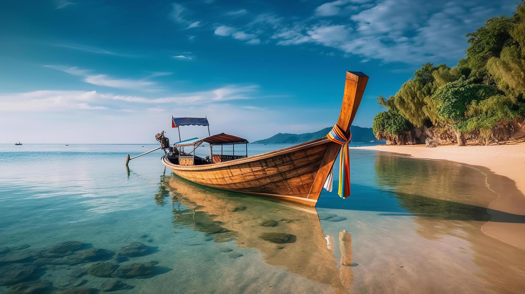 thai traditionell trä- lång svans båt. illustration ai generativ foto