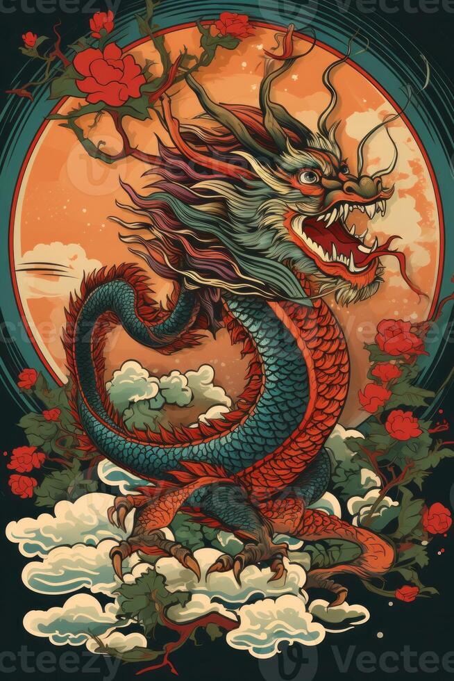 affisch för kinesisk ny år med drake. illustration ai generativ foto