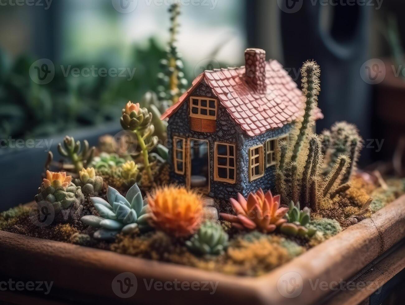 fantasi miniatyr- Hem blommor suckulenter och kaktus i de trädgård skapas med generativ ai teknologi foto