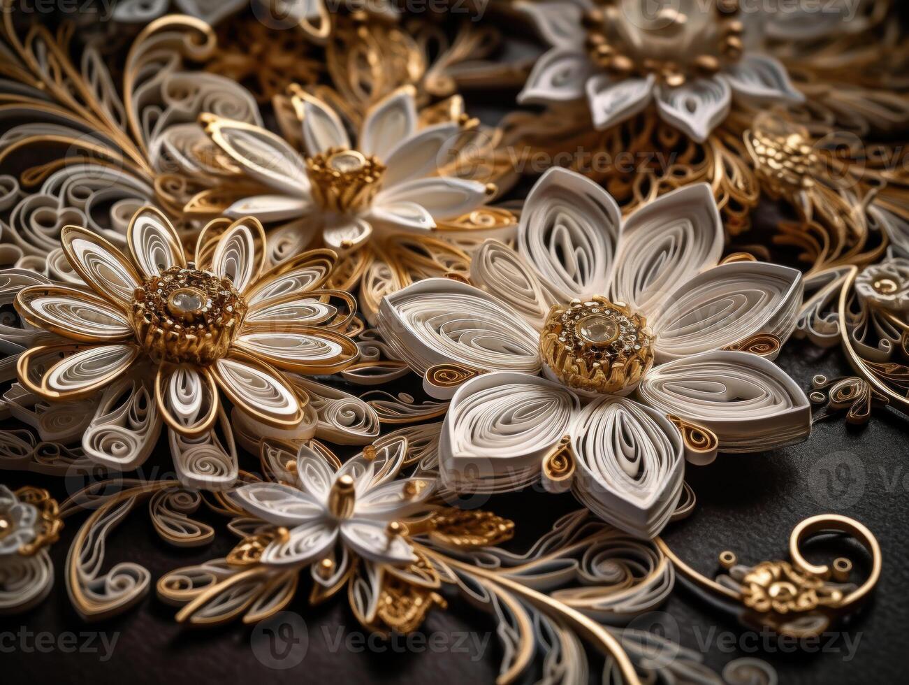 papper tillverkad blommor quilling hantverk tekniska vit och guld abstrakt bakgrund rader skapas med generativ ai teknologi foto