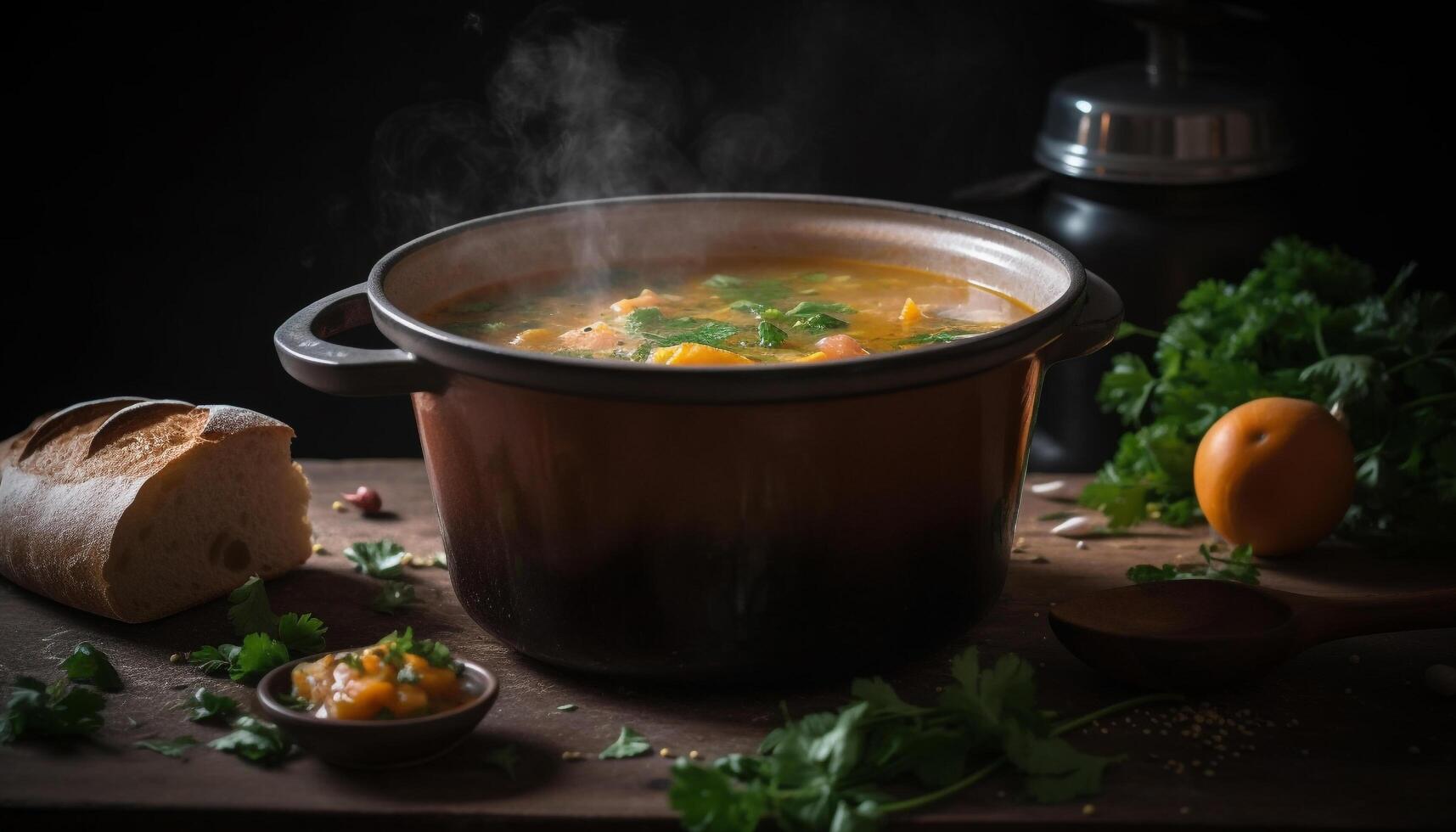 färsk vegetabiliska gryta med hemlagad bröd på rustik trä- tabell genererad förbi ai foto