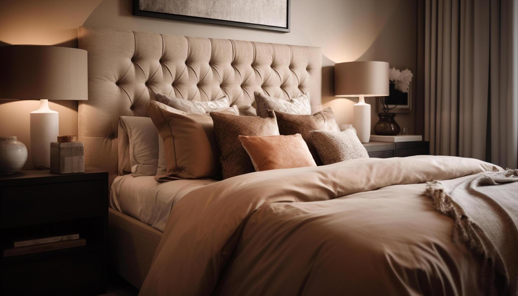 lyx modern sovrum med bekväm strö och elegant dekor genererad förbi ai foto