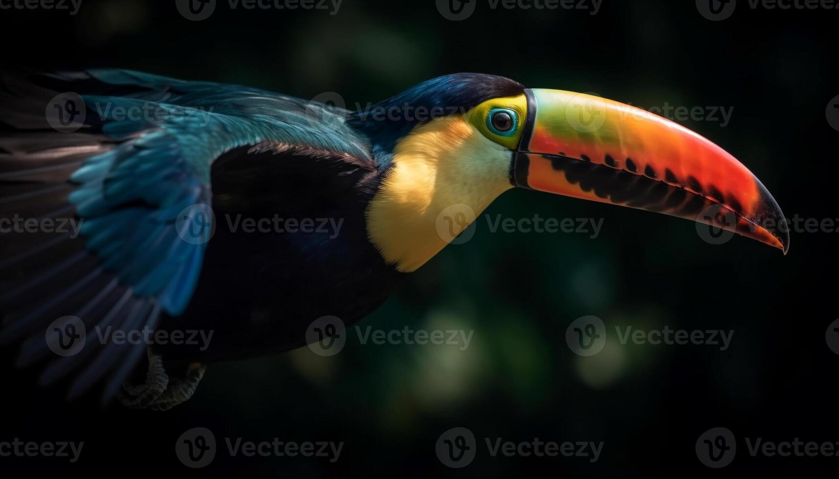 vibrerande toucan perching på gren i tropisk regnskog skönhet genererad förbi ai foto