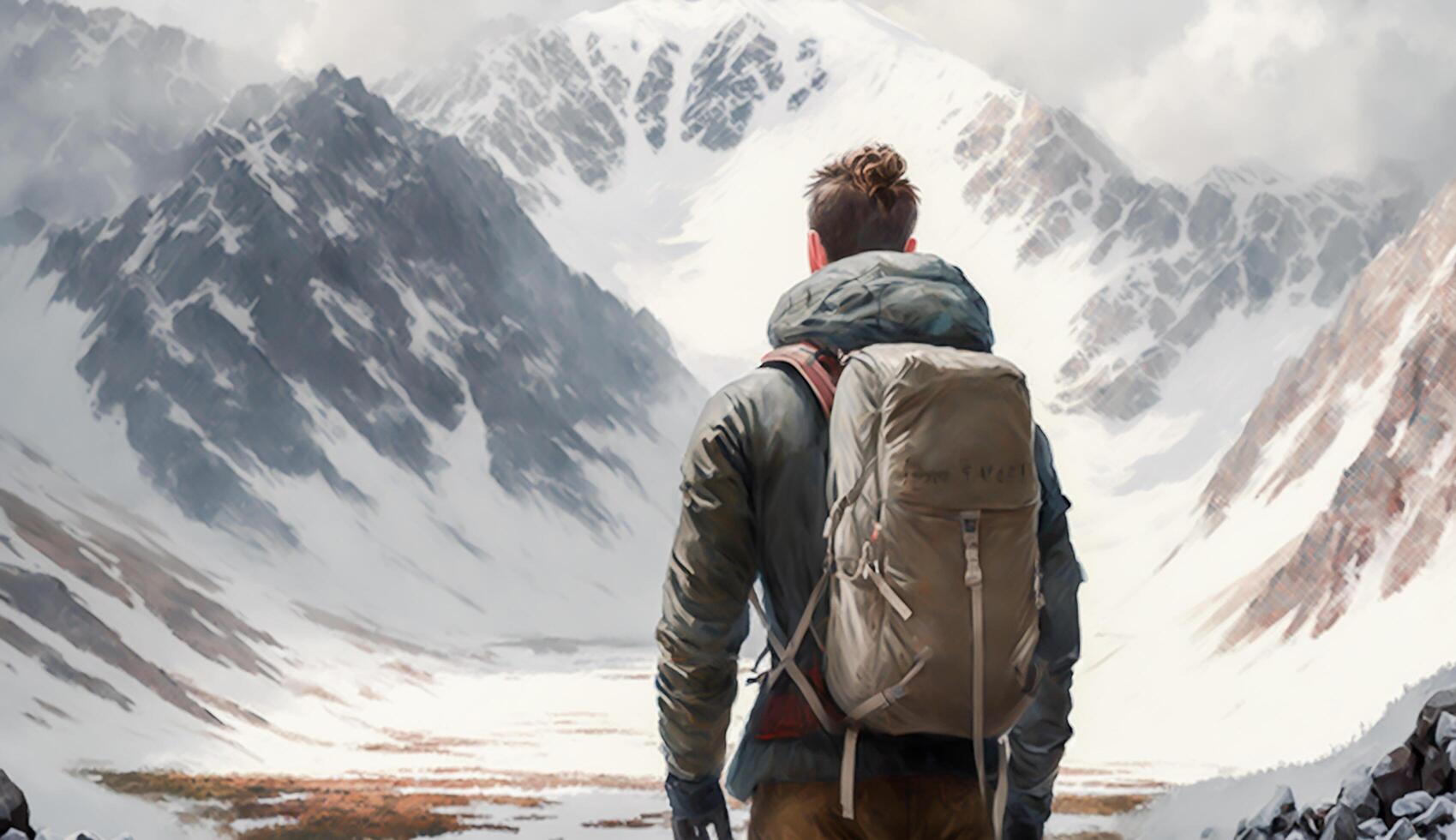 tillbaka se av en man med ryggsäck stå i främre av hög berg omslag med snö, utmaning begrepp, ai generativ foto