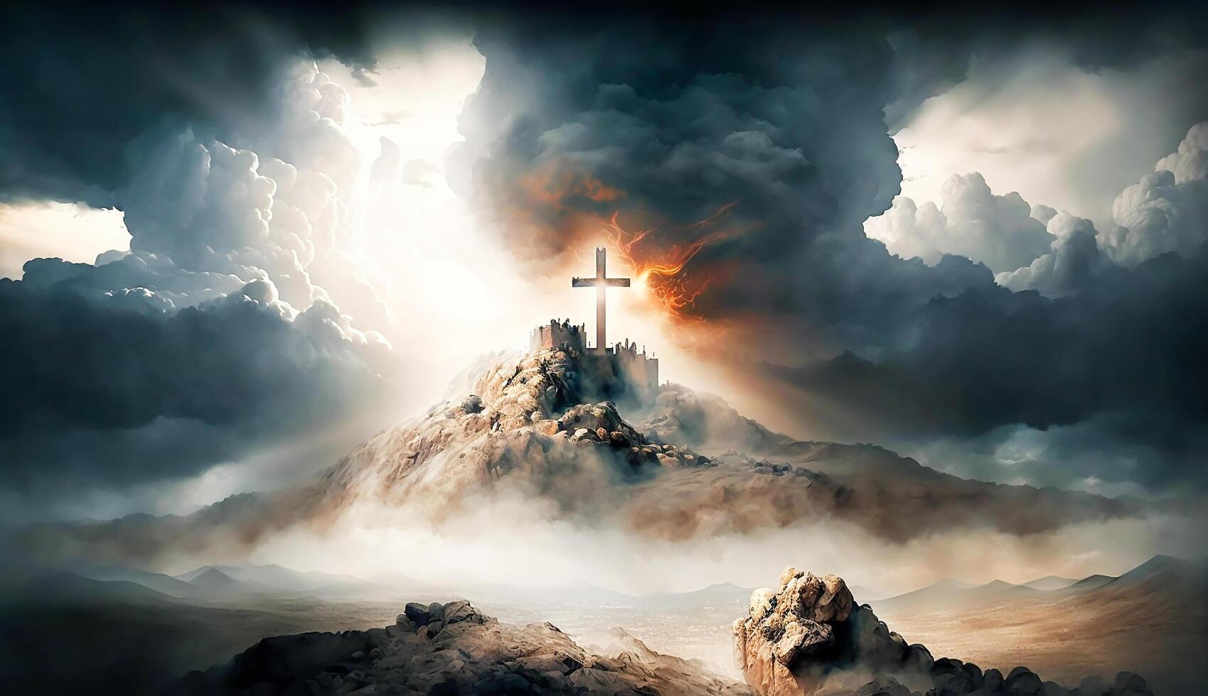 helig korsa symboliserar de död och uppståndelse av Jesus christ med de himmel över golgata kulle är höljd i ljus och moln, ai generativ foto