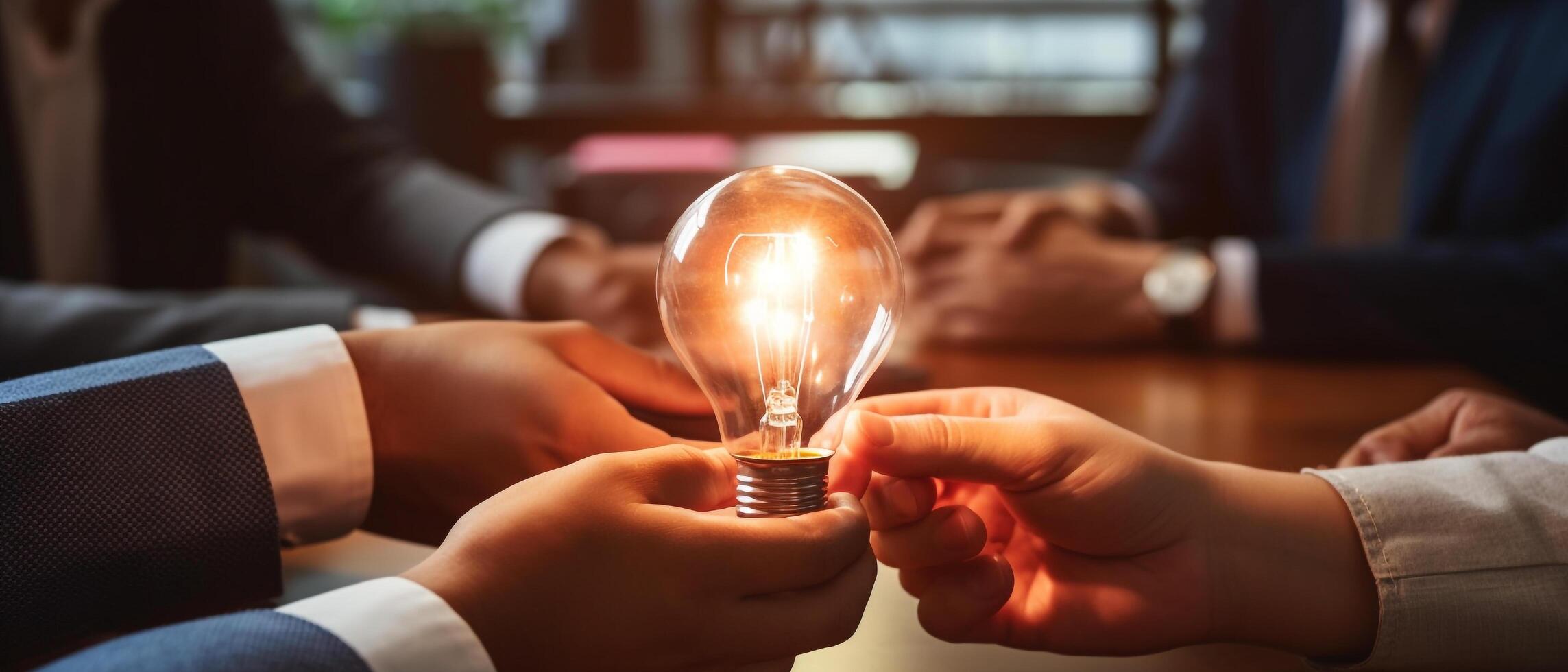 hand av företag man innehav ljus Glödlampa med innovation och aning företag människor hyvling och analys arbete i kontor, dröm team och team arbete begrepp, generativ ai foto