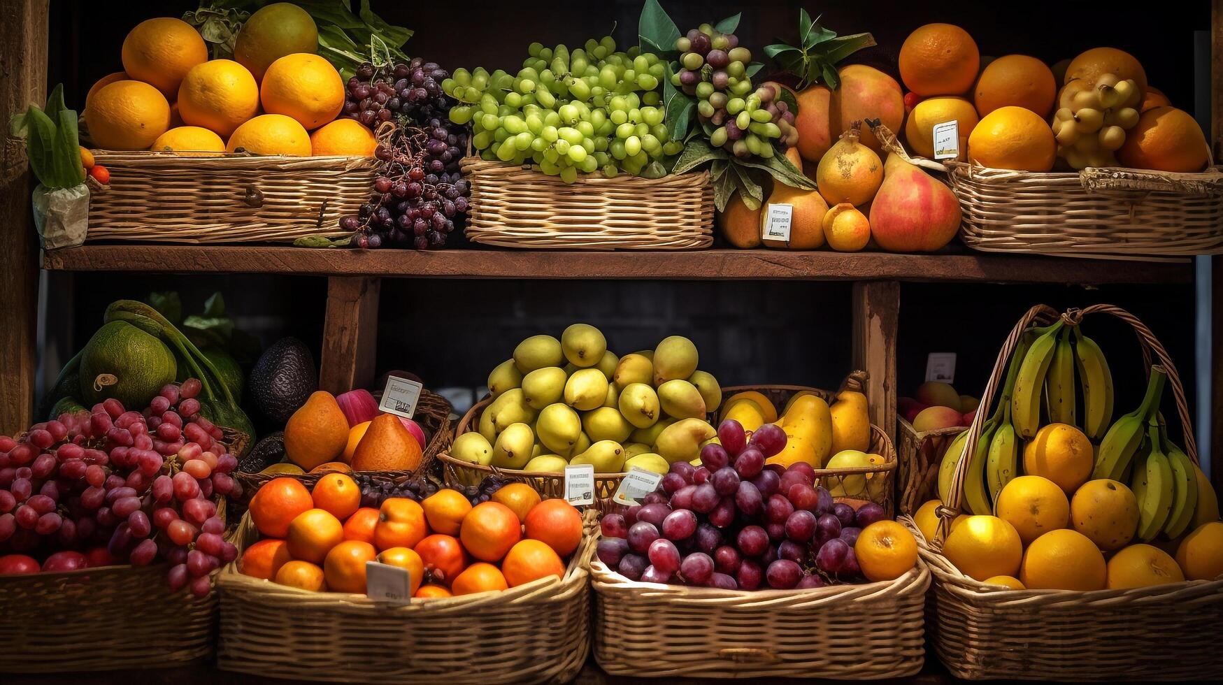 frukt i korg med frukt på hylla i marknadsföra, generativ ai foto