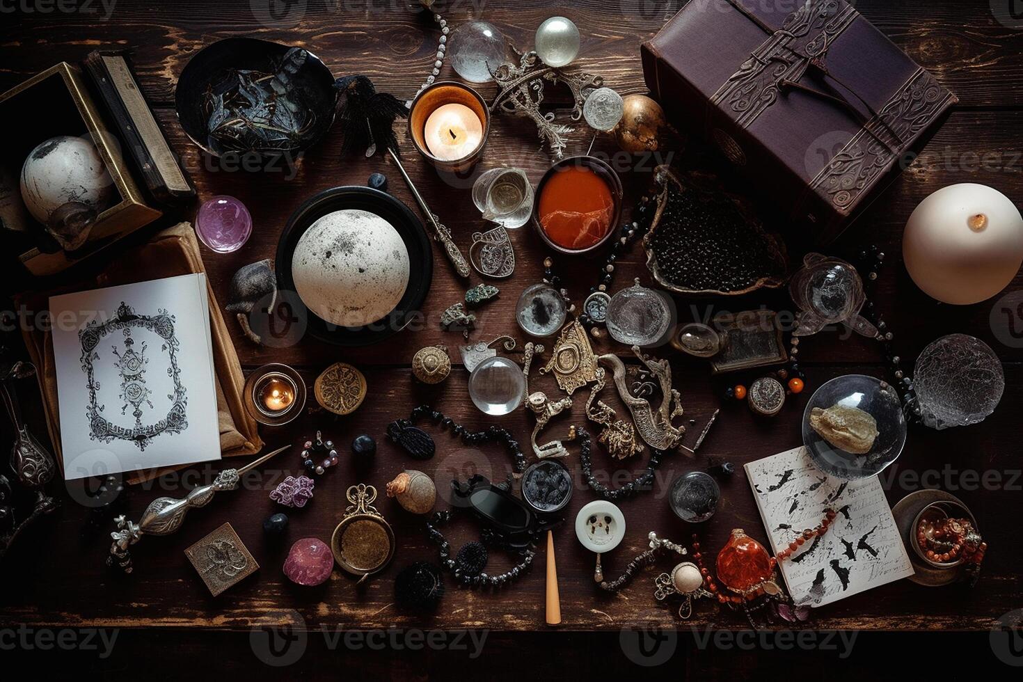 halloween rustik prydnad flatlay sammansättning. halloween dekor på mörk trä- bakgrund. generativ ai. foto