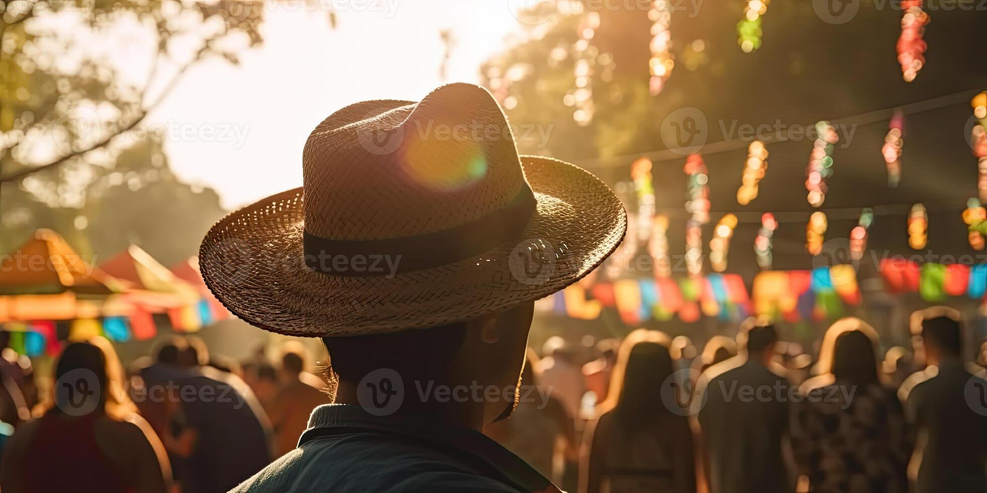människor bär jordbrukare hatt fira festa junina. silhuett folkmassan av människor fira festas juninas. färgrik krans juni brasiliansk festival. sao joao. generativ ai illustration foto