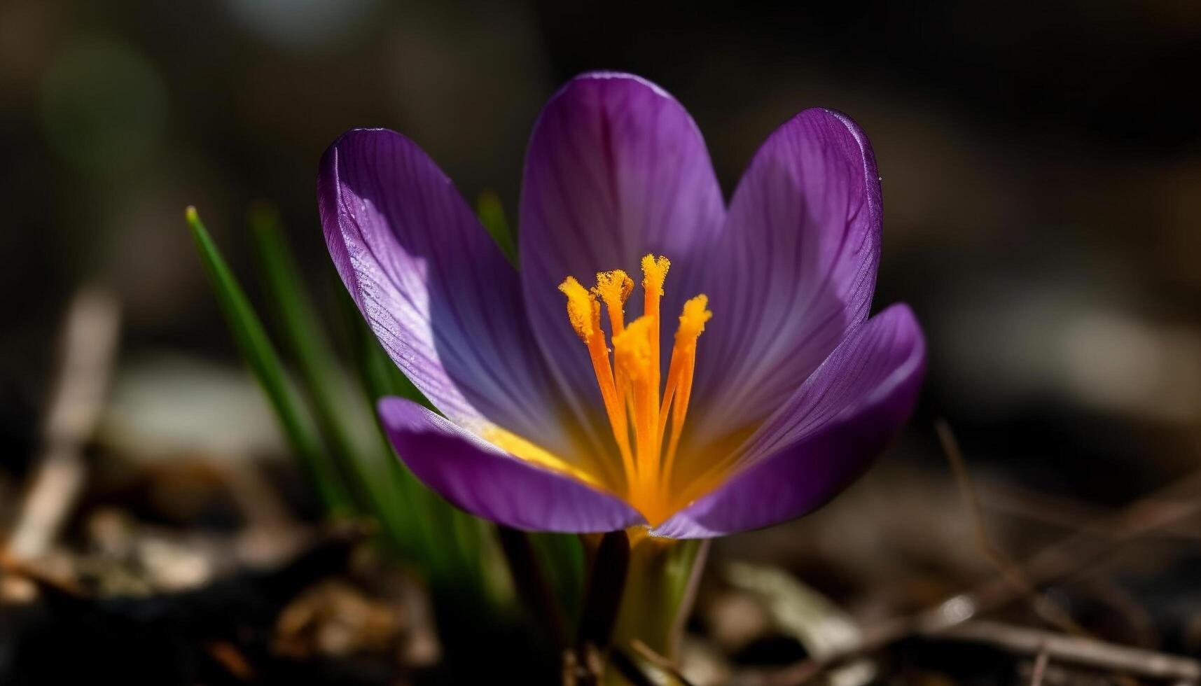 vibrerande krokus blomma, stänga upp av lila kronblad genererad förbi ai foto