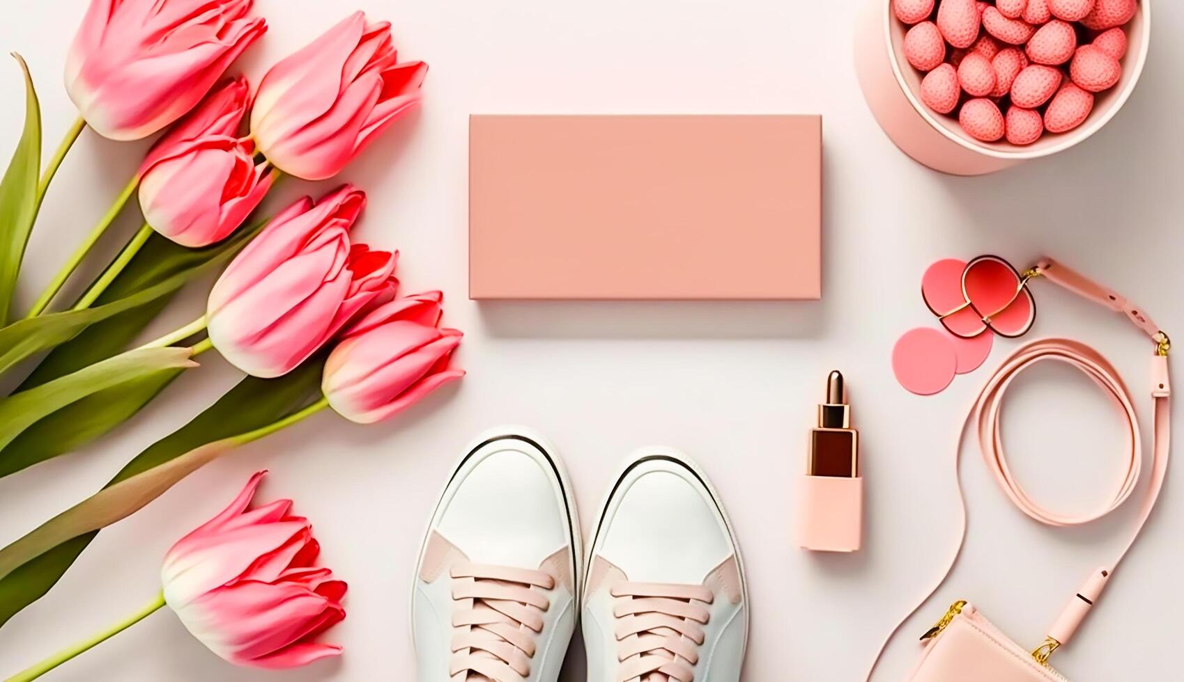 topp se med rosa tulpaner blommor, skor, läppstift och kosmetisk bakgrund, generativ ai foto