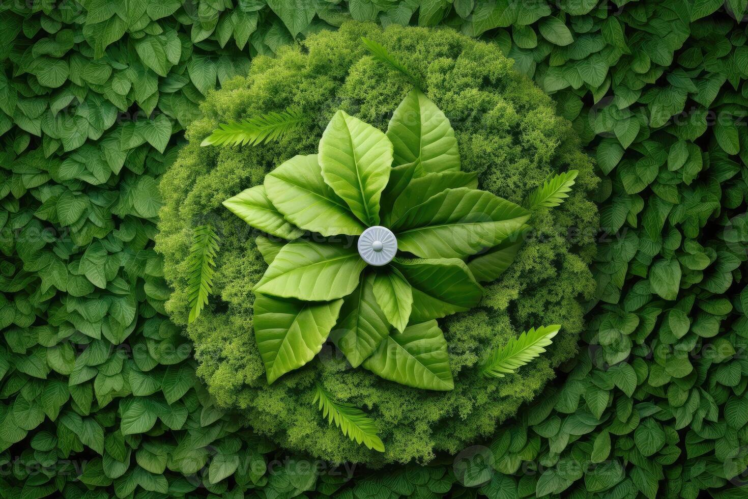 abstrakt miljö bevarande löv konst stil av grön natur och eco vänlig begrepp aning. växter med löv formning hjärna, generativ ai illustration foto