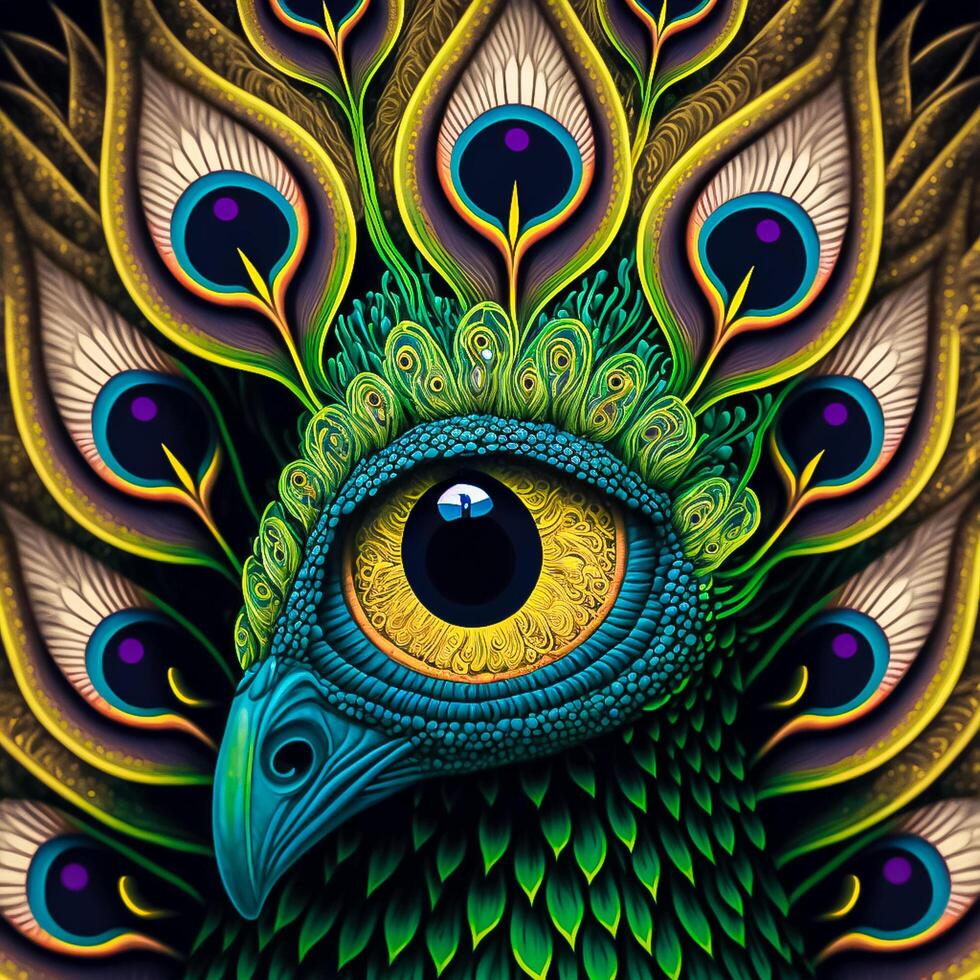 stänga upp porträtt av psychedelic påfågel , optisk illusion bakgrund simetrisk främre se ai genererad foto