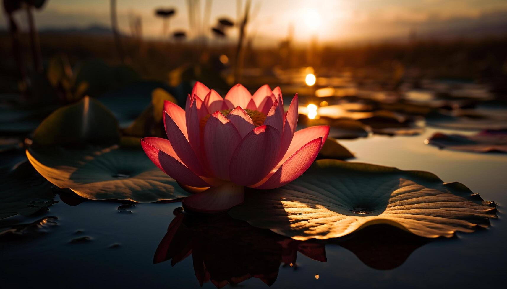 lotus blomma flyter på solnedgång, reflekterande lugn genererad förbi ai foto