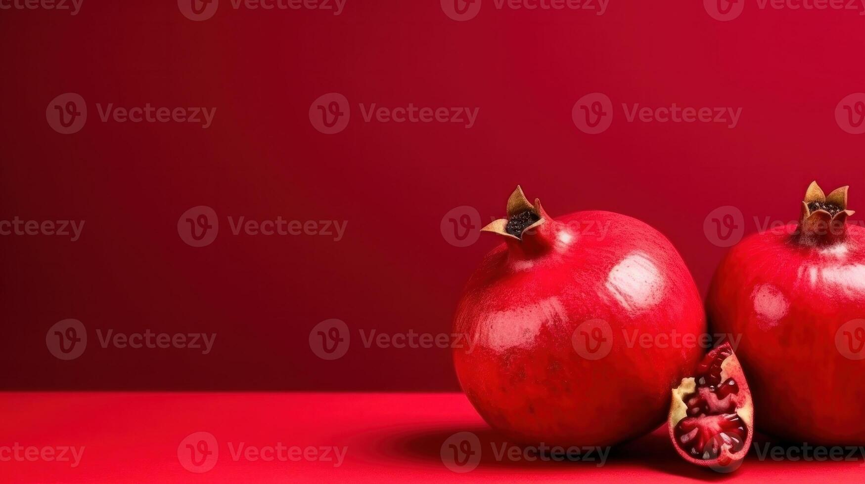 granatäpple frukt på röd bakgrund. illustration ai generativ foto