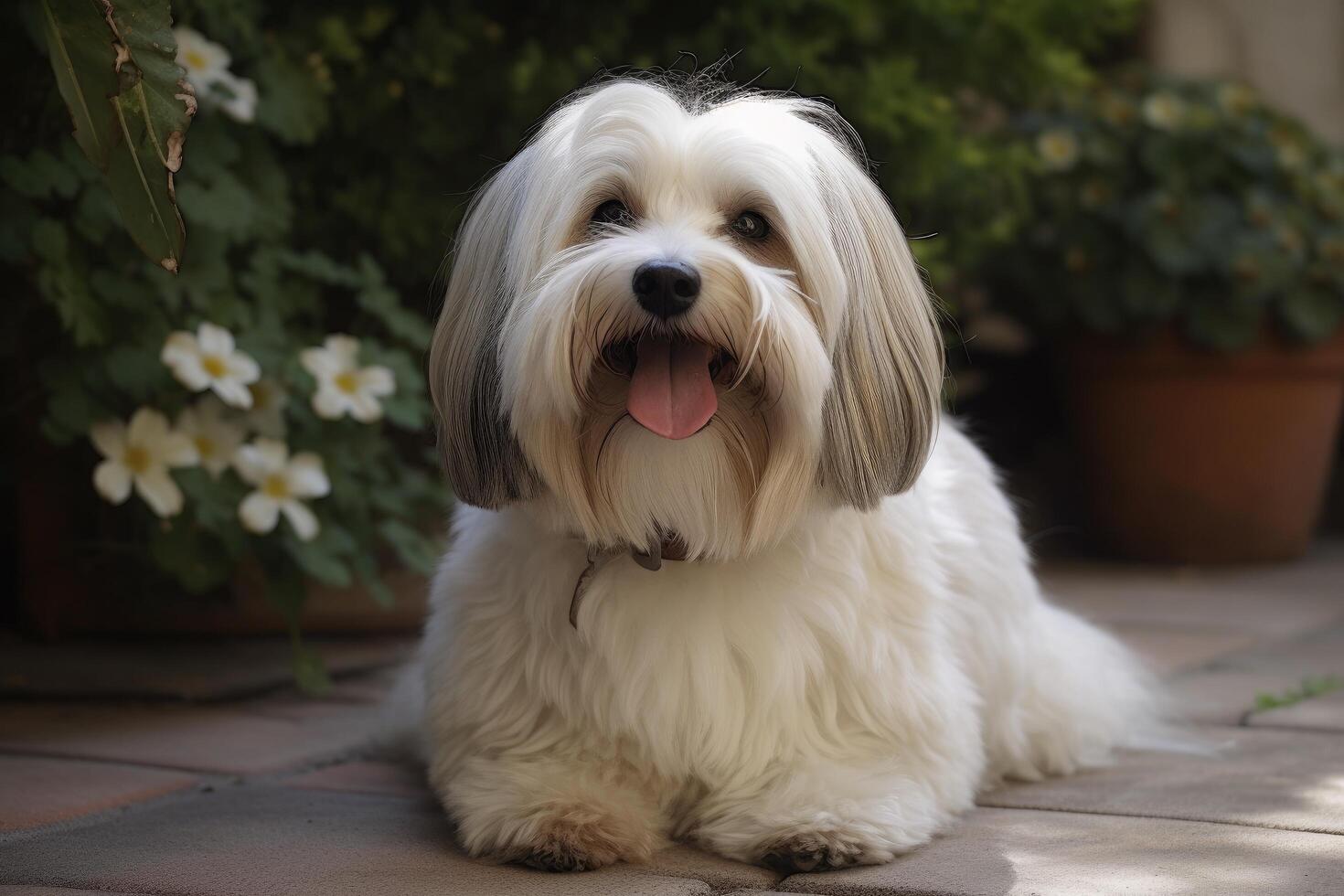 shih tzu hund Sammanträde i de trädgård och ser på de kamera ai genererad foto