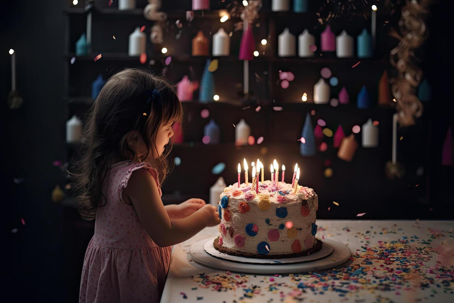 söt liten flicka blåser ut ljus på en födelsedag kaka i en mörk rum, en liten flicka blåser ut en ljus på en födelsedag kaka, ai genererad foto