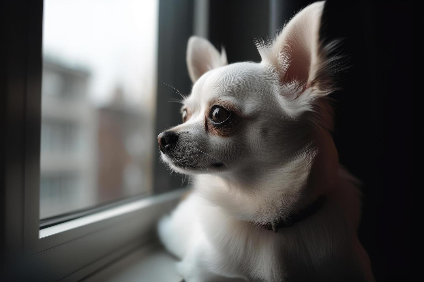 söt chihuahua hund ser ut de fönster på Hem ai genererad foto