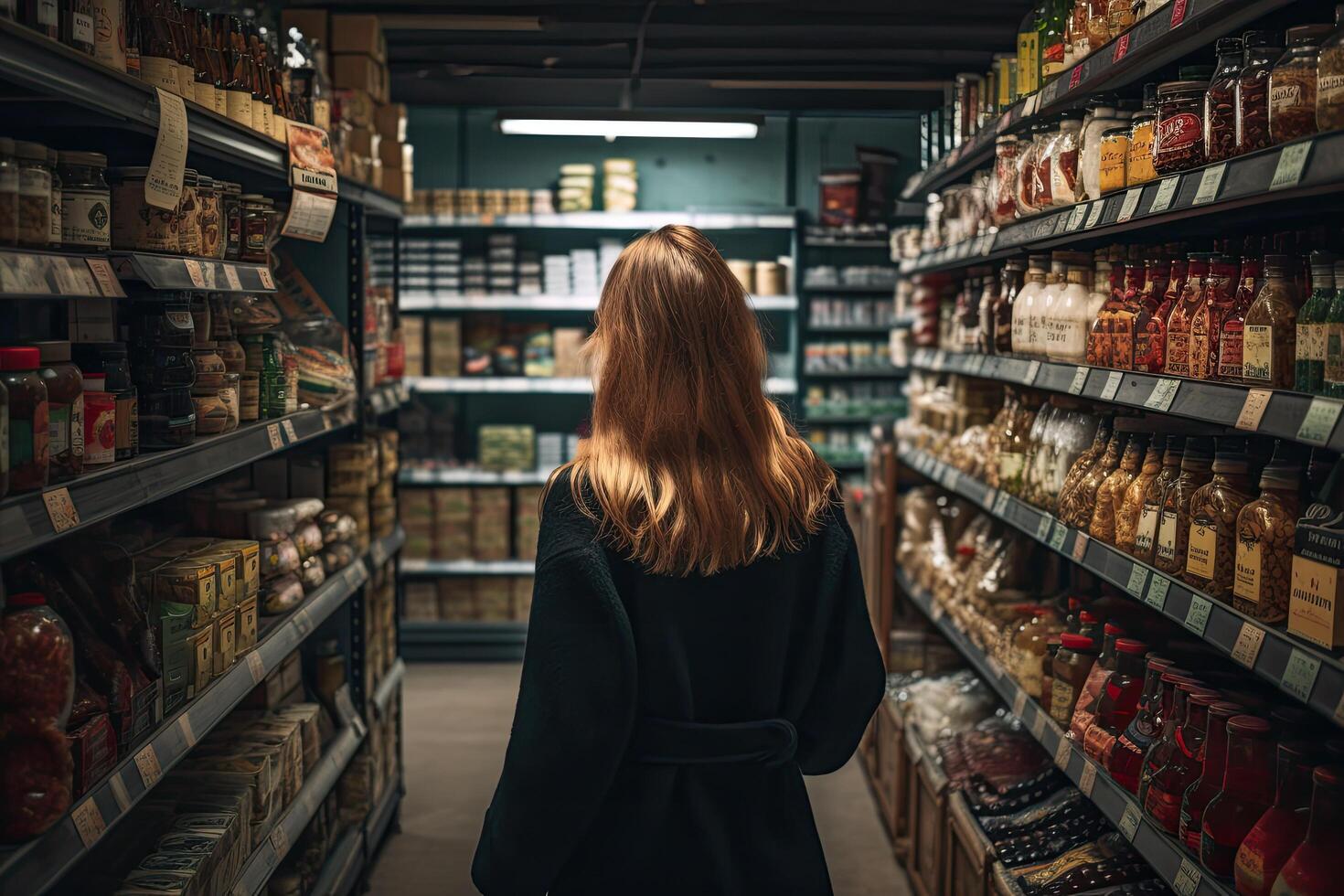 en ung kvinna i en svart täcka är ser för mat i en mataffär. en kvinna full bak- se handla i en mat affär, ai genererad foto