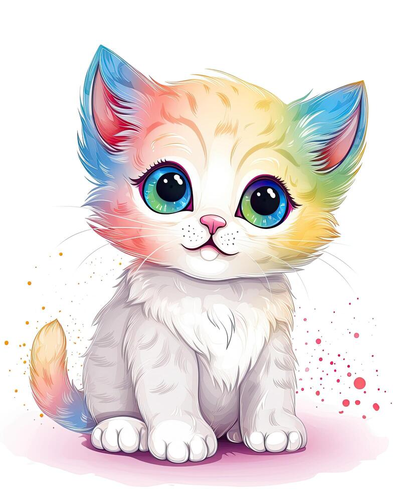 kattunge bunt illustration för ungar. bebis katt uppsättning design med regnbågar på en vit bakgrund. kattunge med söt ögon leende. färgrik kattunge illustration samling för ungar. ai genererad. foto