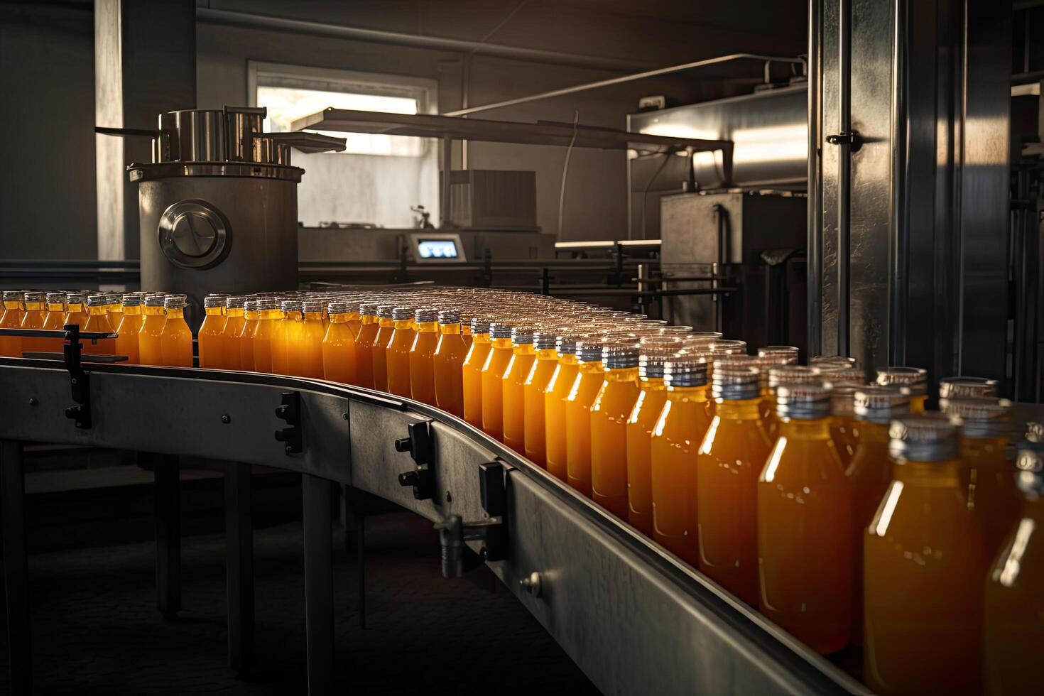tappning linje av orange juice i flaskor på en modern dryck växt, en dryck växt fabrik interiör se med en transportband systemet, ai genererad foto