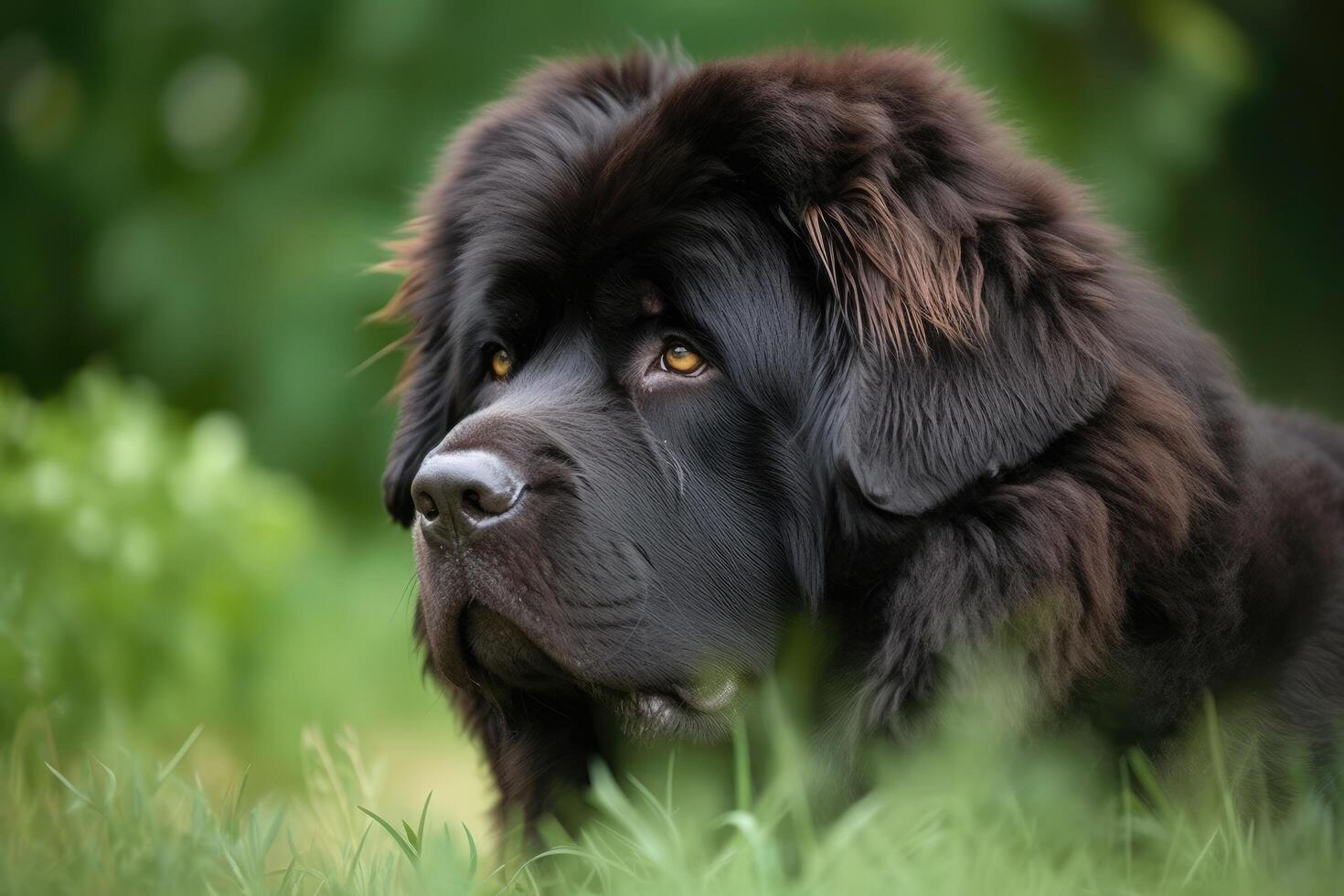 förtjusande newfoundland hund utomhus i natur på en solig sommar dag. ai genererad foto