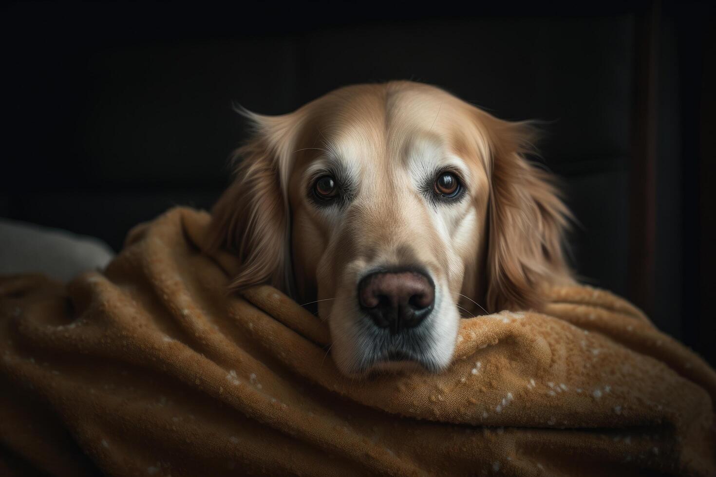 porträtt av en gyllene retriever hund insvept i en värma filt ai genererad foto