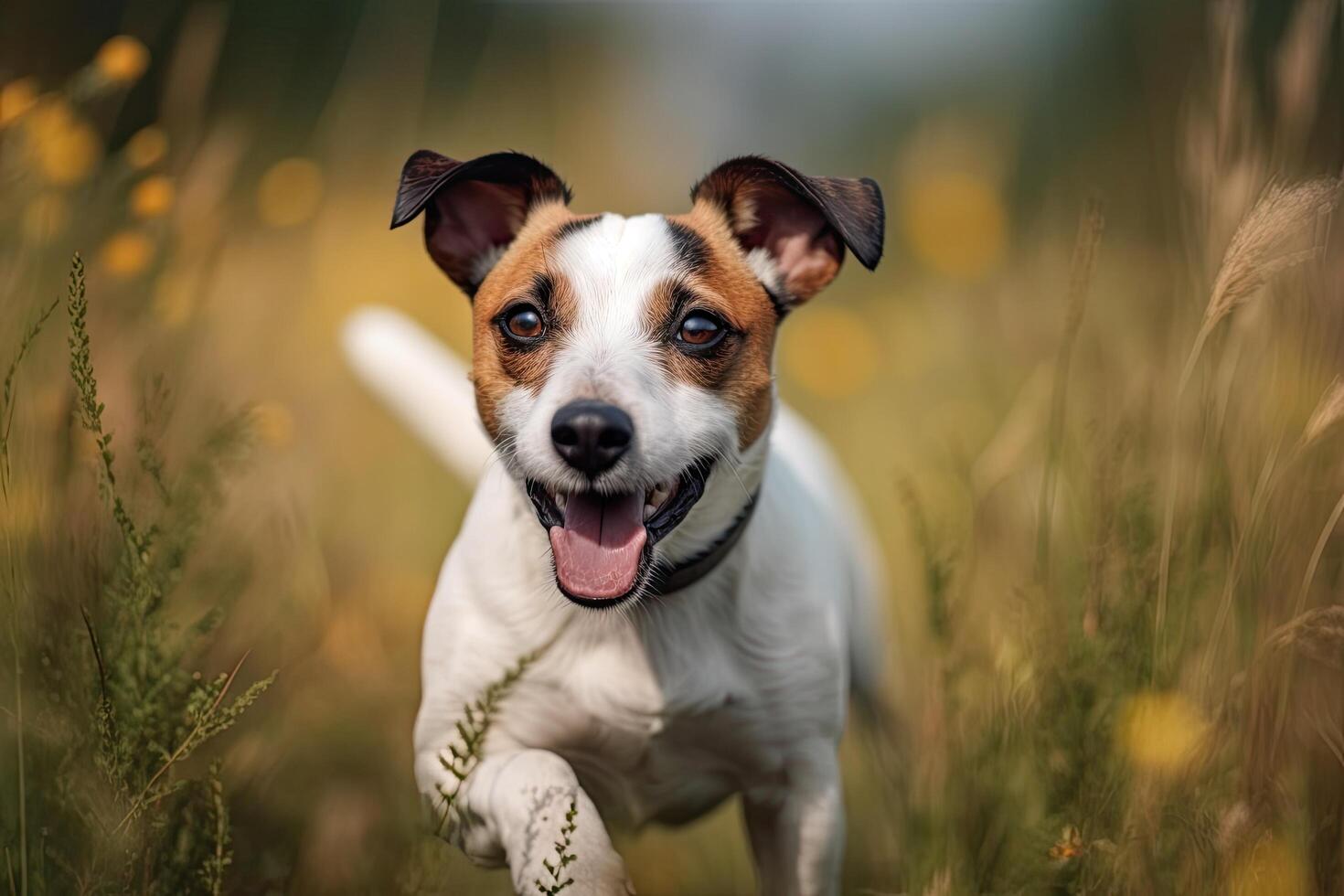 domkraft russell terrier löpning i de fält. porträtt av en hund ai genererad foto