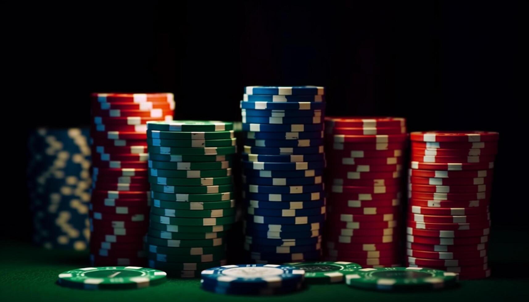 stackar av hasardspel pommes frites på grön tabell betyda rikedom och risk genererad förbi ai foto