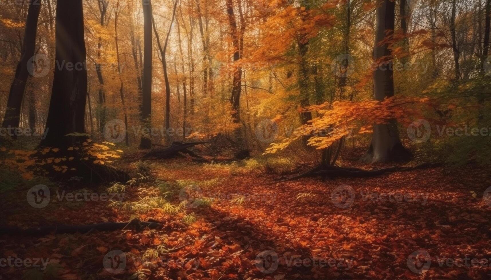 vibrerande höst lövverk målarfärger lugn skog i ljus guld färger genererad förbi ai foto
