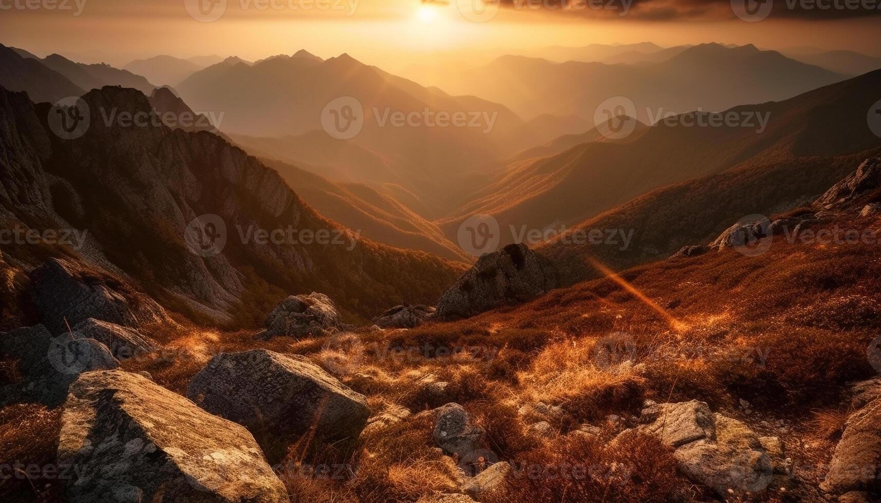 majestätisk berg räckvidd, lugn äng, solnedgång natur skönhet genererad förbi ai foto