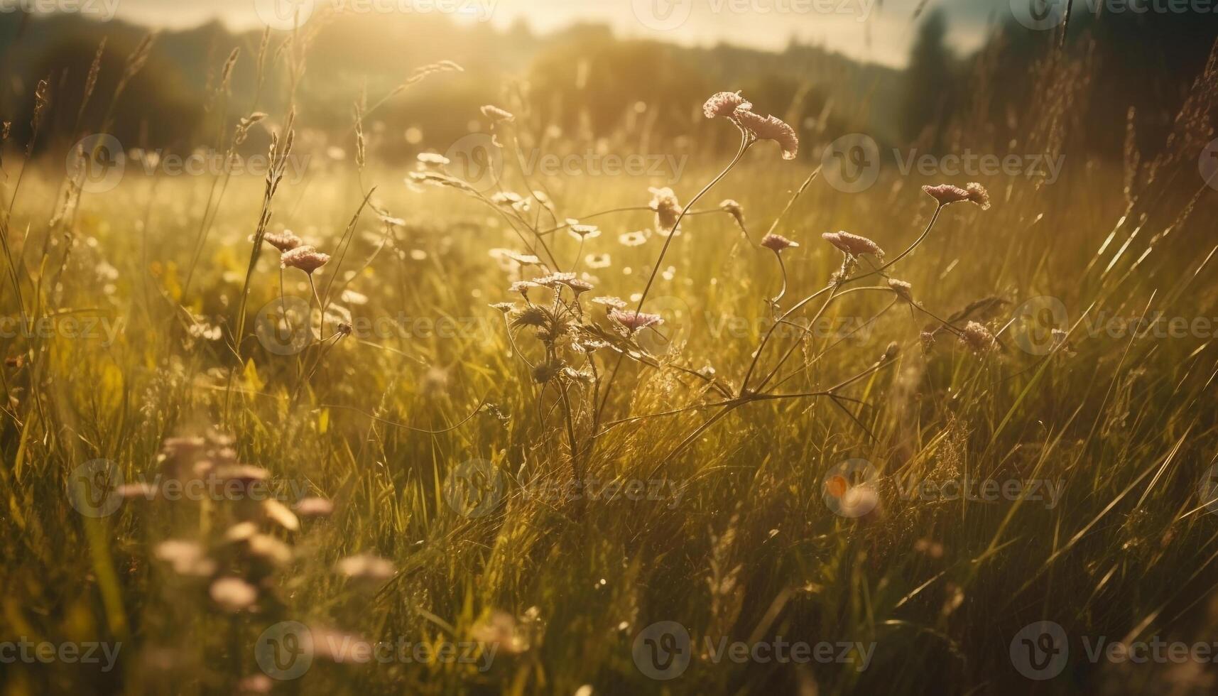 vibrerande vild blomma i lugn äng på soluppgång, idyllisk scen genererad förbi ai foto