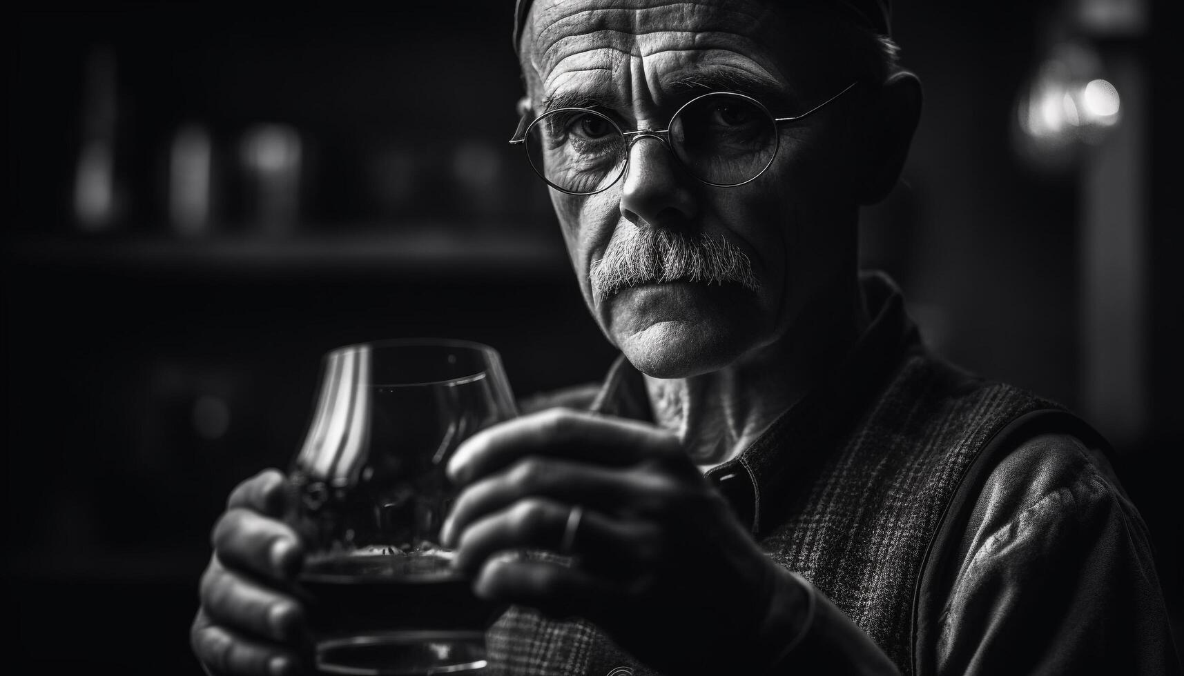 ensam senior man innehav vinglas i mörk bar på natt genererad förbi ai foto