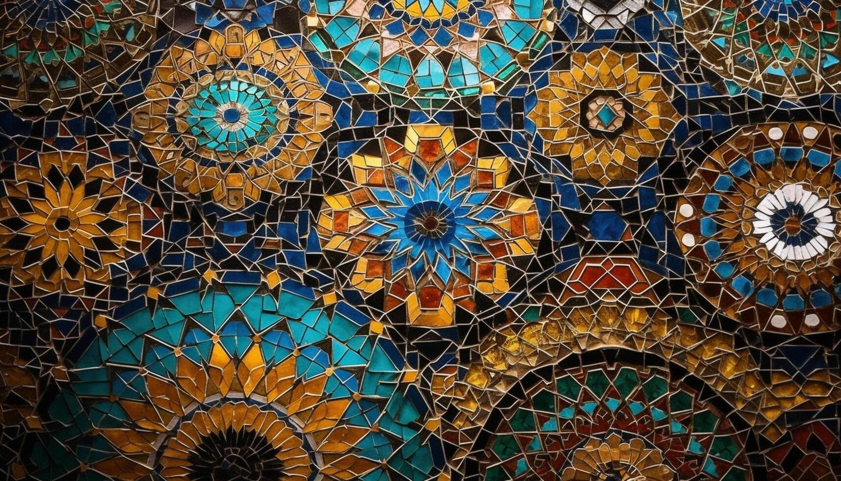 vibrerande patchwork av turkiska plattor skapar utsmyckad geometrisk bakgrund genererad förbi ai foto