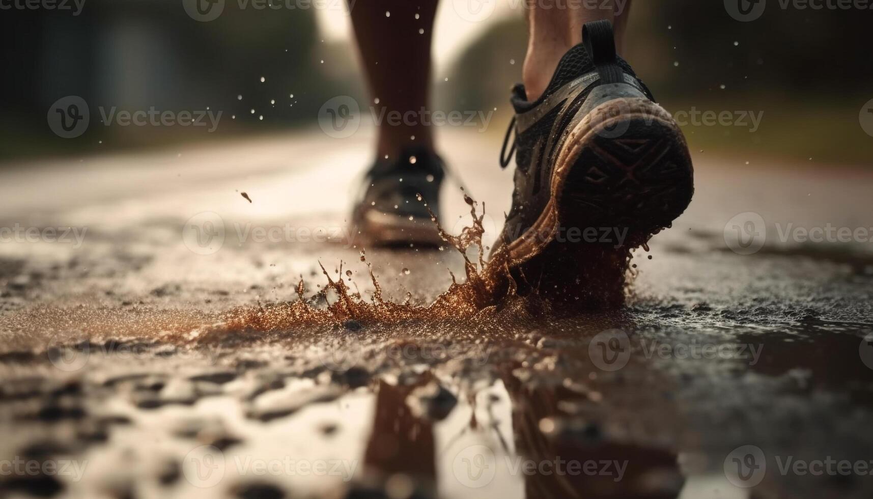 lera stänkte idrottare races genom regnig vildmark generativ ai foto