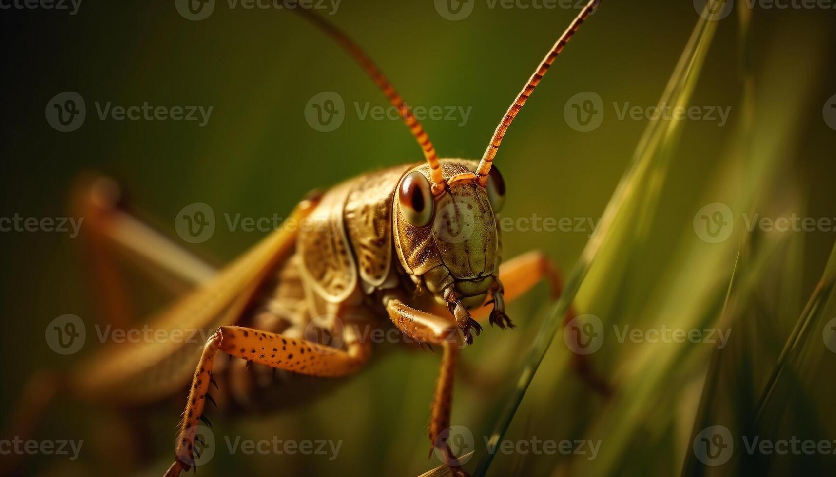 grön gräshoppa på blad, skönhet i natur generativ ai foto