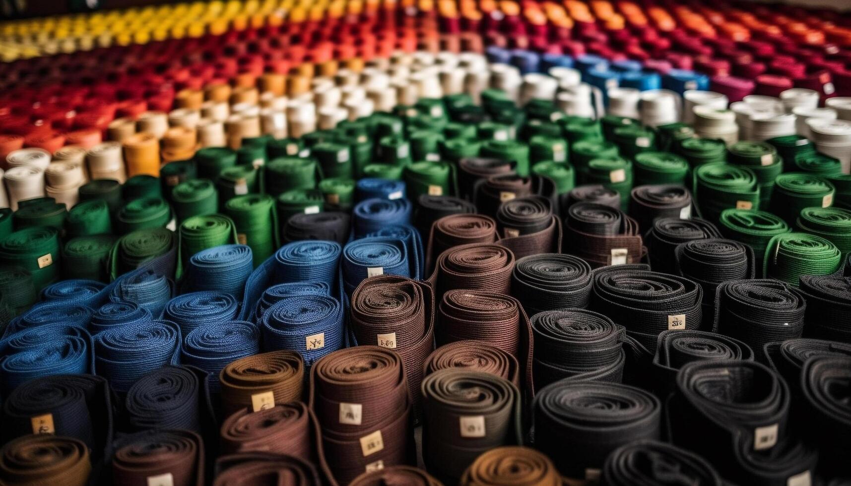 mång färgad spolar stack i textil- verkstad generativ ai foto