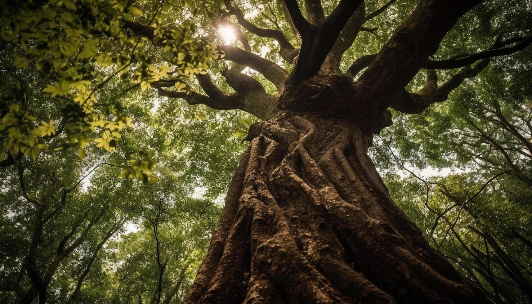 lugn scen av gammal banyan träd tillväxt generativ ai foto