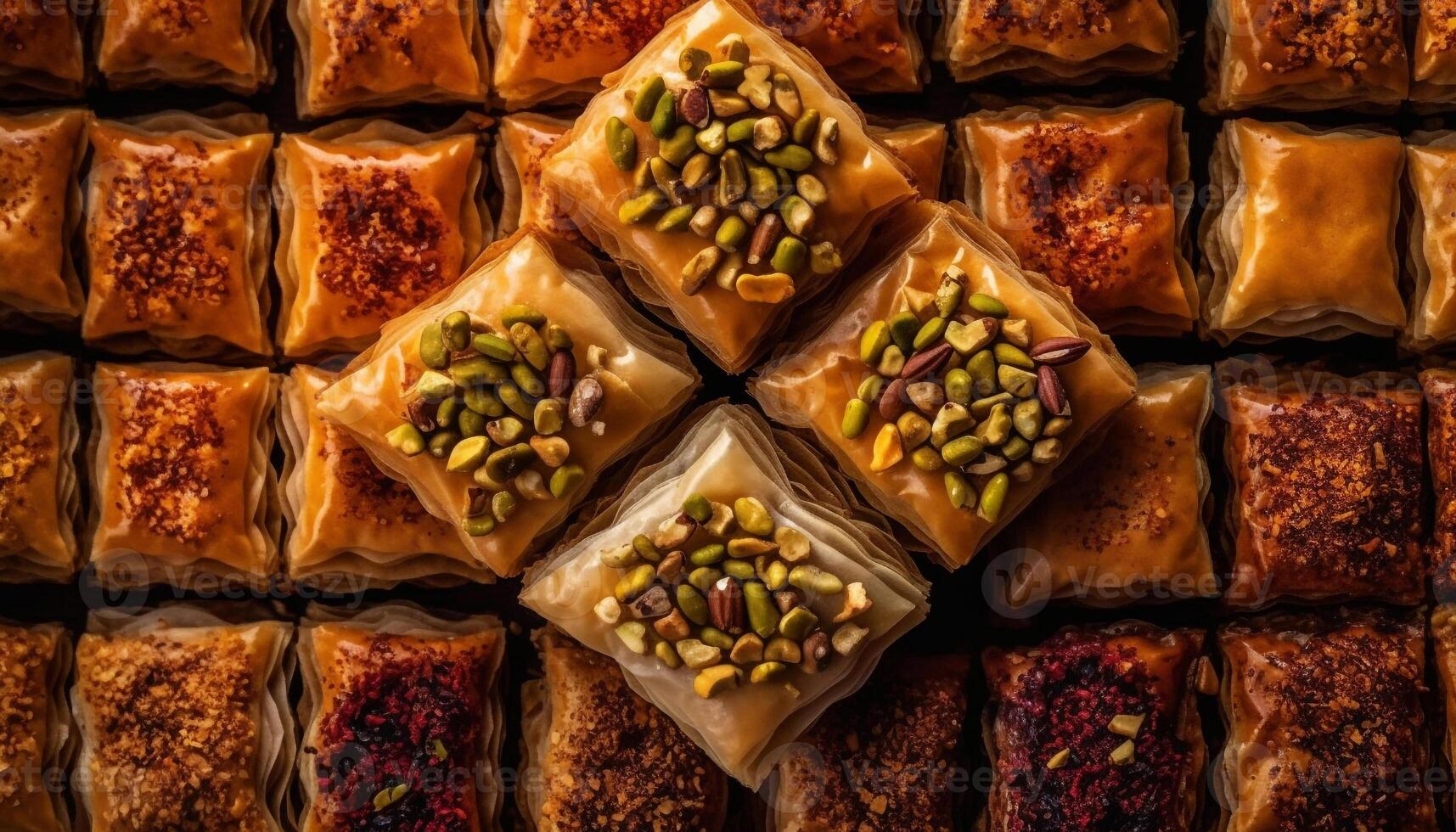 eftergiven turkiska baklava med honung och nötter genererad förbi ai foto