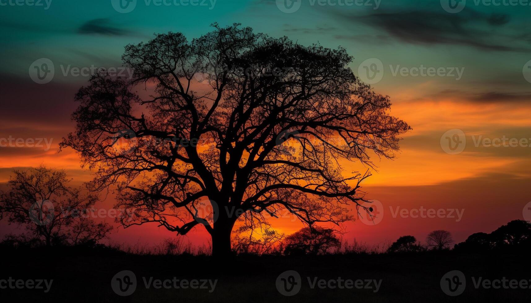 silhuett av akacia träd i afrikansk solnedgång genererad förbi ai foto